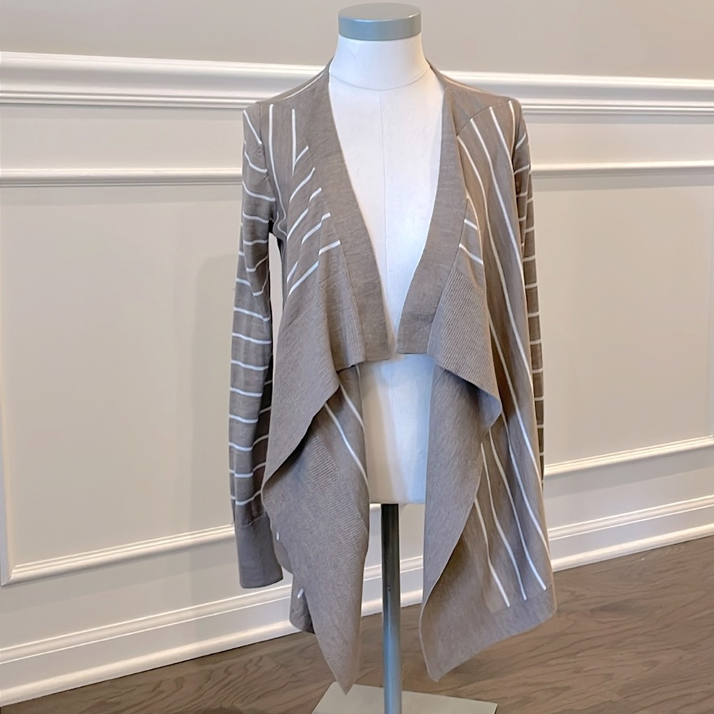 LOFT Tan and White Striped Open Waterfall Cardigan - Size S